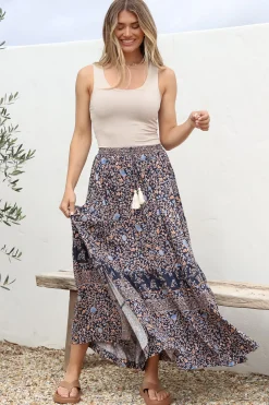 Delany Maxi Skirt - High Waisted Skirt with Tassel Waist Tie and Front Splits in Floral Print><noscript><img width=