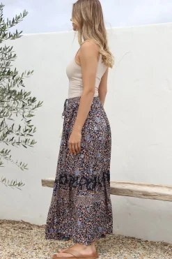 Delany Maxi Skirt - High Waisted Skirt with Tassel Waist Tie and Front Splits in Floral Print><noscript><img width=