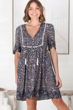 Delany Mini Dress - Short Sleeve Baby Doll Dress in Floral Print>Salty Crush Hot
