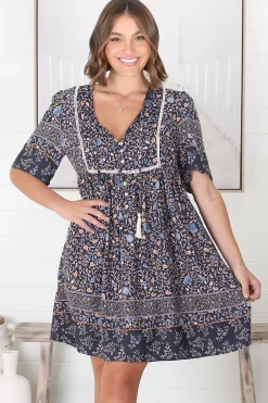 Delany Mini Dress - Short Sleeve Baby Doll Dress in Floral Print><noscript><img width=