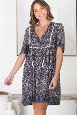 Delany Mini Dress - Short Sleeve Baby Doll Dress in Floral Print><noscript><img width=