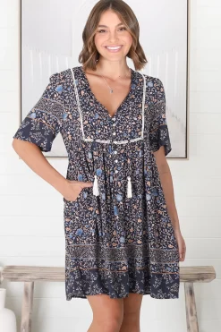 Delany Mini Dress - Short Sleeve Baby Doll Dress in Floral Print><noscript><img width=