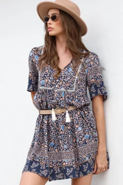 Delany Mini Dress - Short Sleeve Baby Doll Dress in Floral Print><noscript><img width=