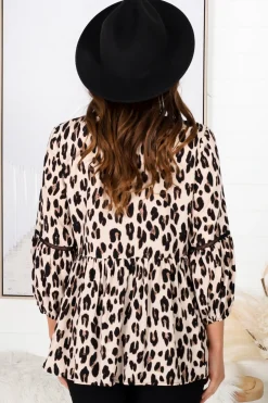 Dido Top - 3/4 Sleeve Smock Top with Lattice Inserts in Leopard><noscript><img width=