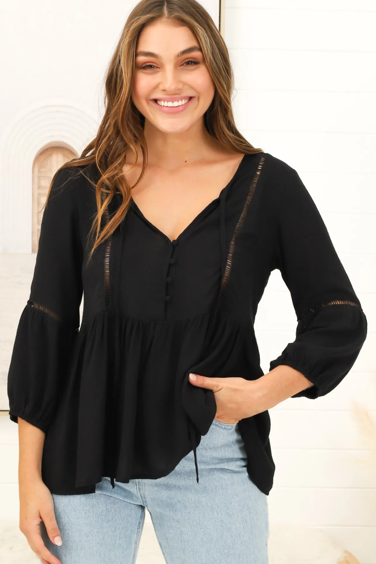 Dido Top - 3/4 Sleeve Smock Top with Lattice Inserts in Black>Salty Crush