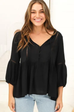 Dido Top - 3/4 Sleeve Smock Top with Lattice Inserts in Black><noscript><img width=