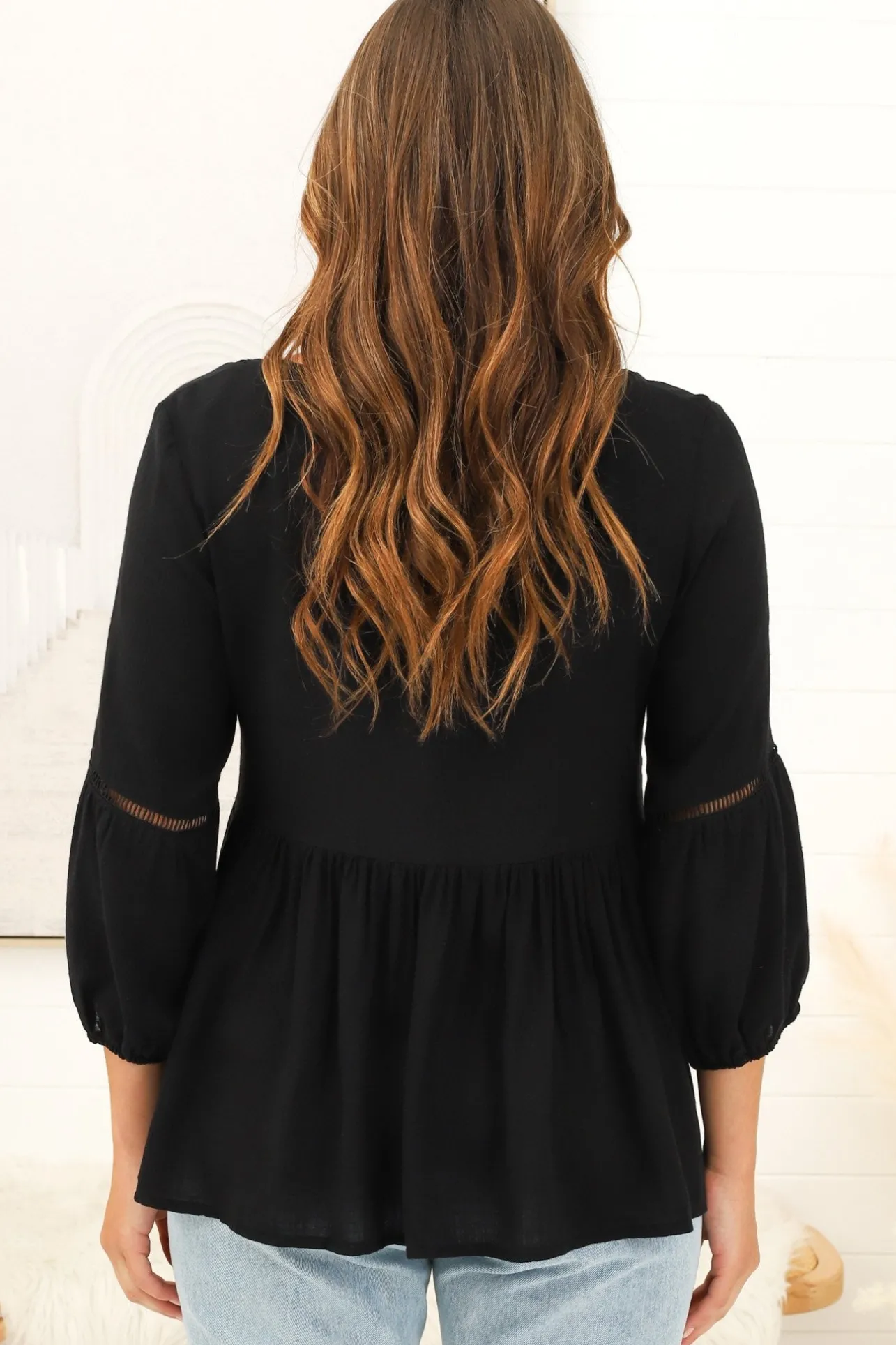 Dido Top - 3/4 Sleeve Smock Top with Lattice Inserts in Black>Salty Crush