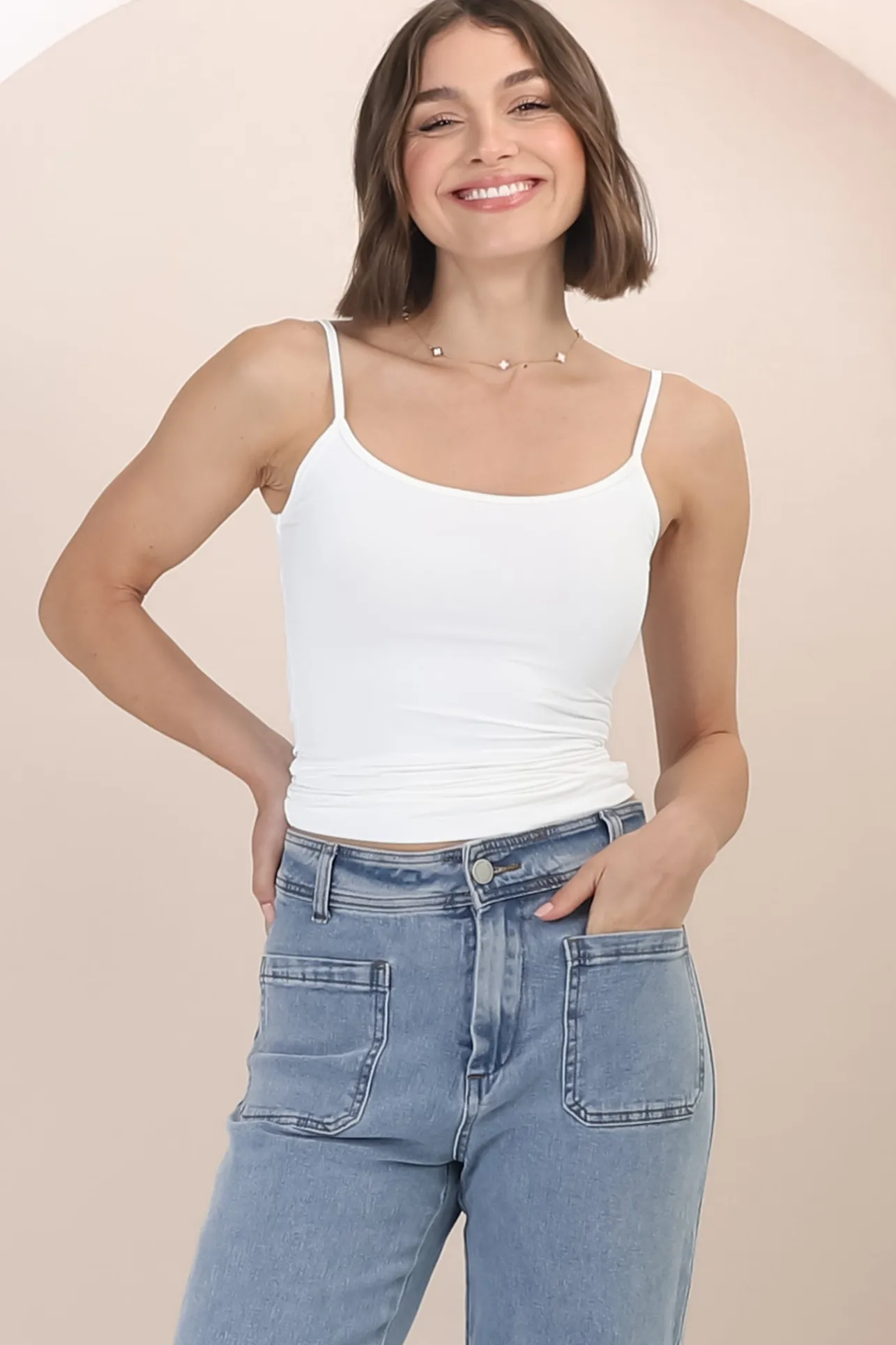 Dila Cami - Scoop Neckline Long Cami with Spaghetti Straps in White>Salty Crush Outlet