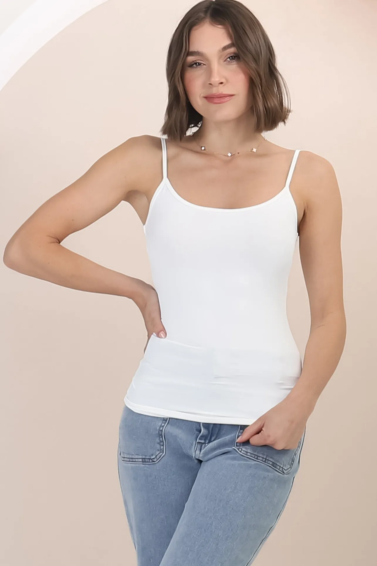 Dila Cami - Scoop Neckline Long Cami with Spaghetti Straps in White>Salty Crush Outlet