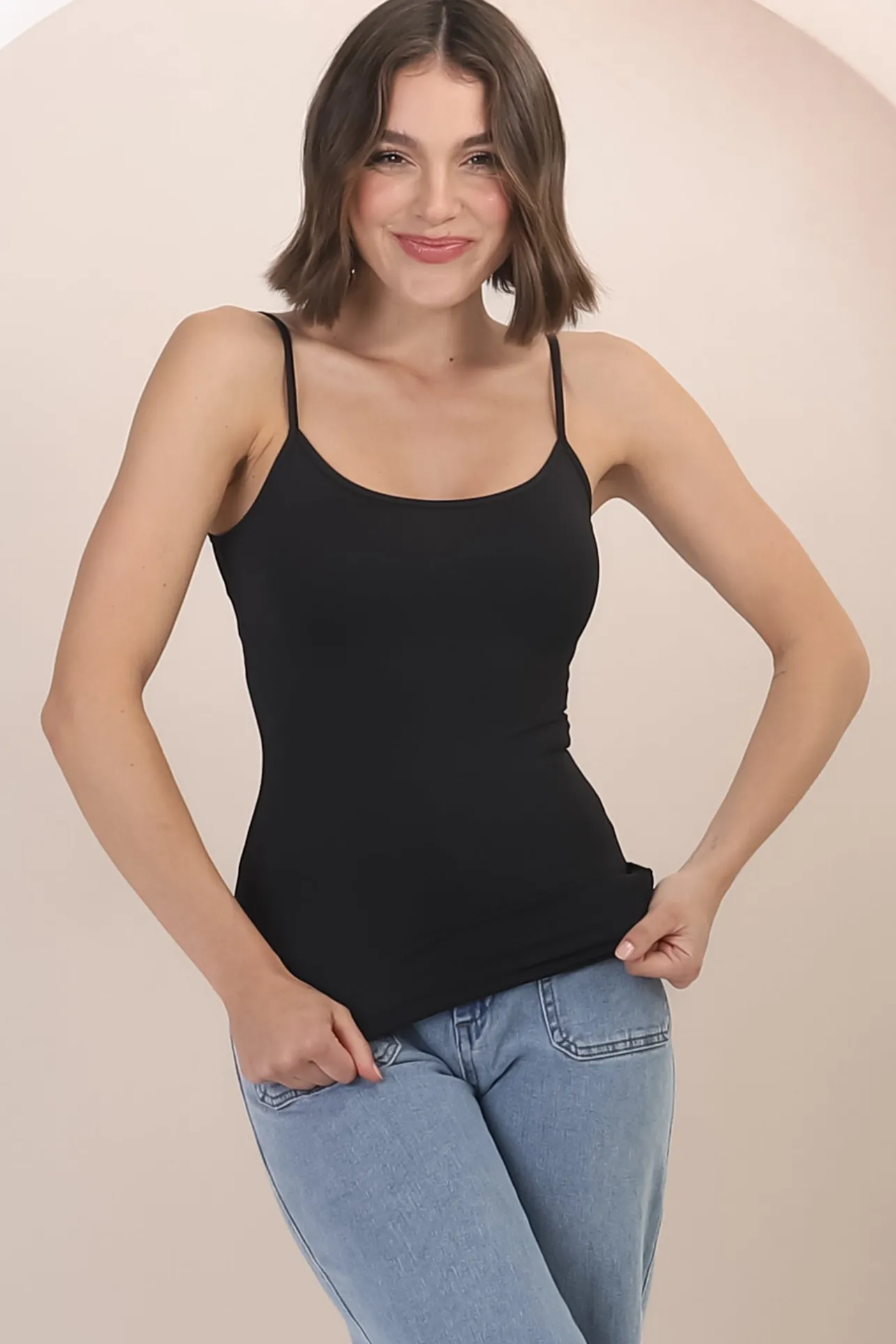 Dila Cami - Scoop Neckline Long Cami with Spaghetti Straps in Black>Salty Crush