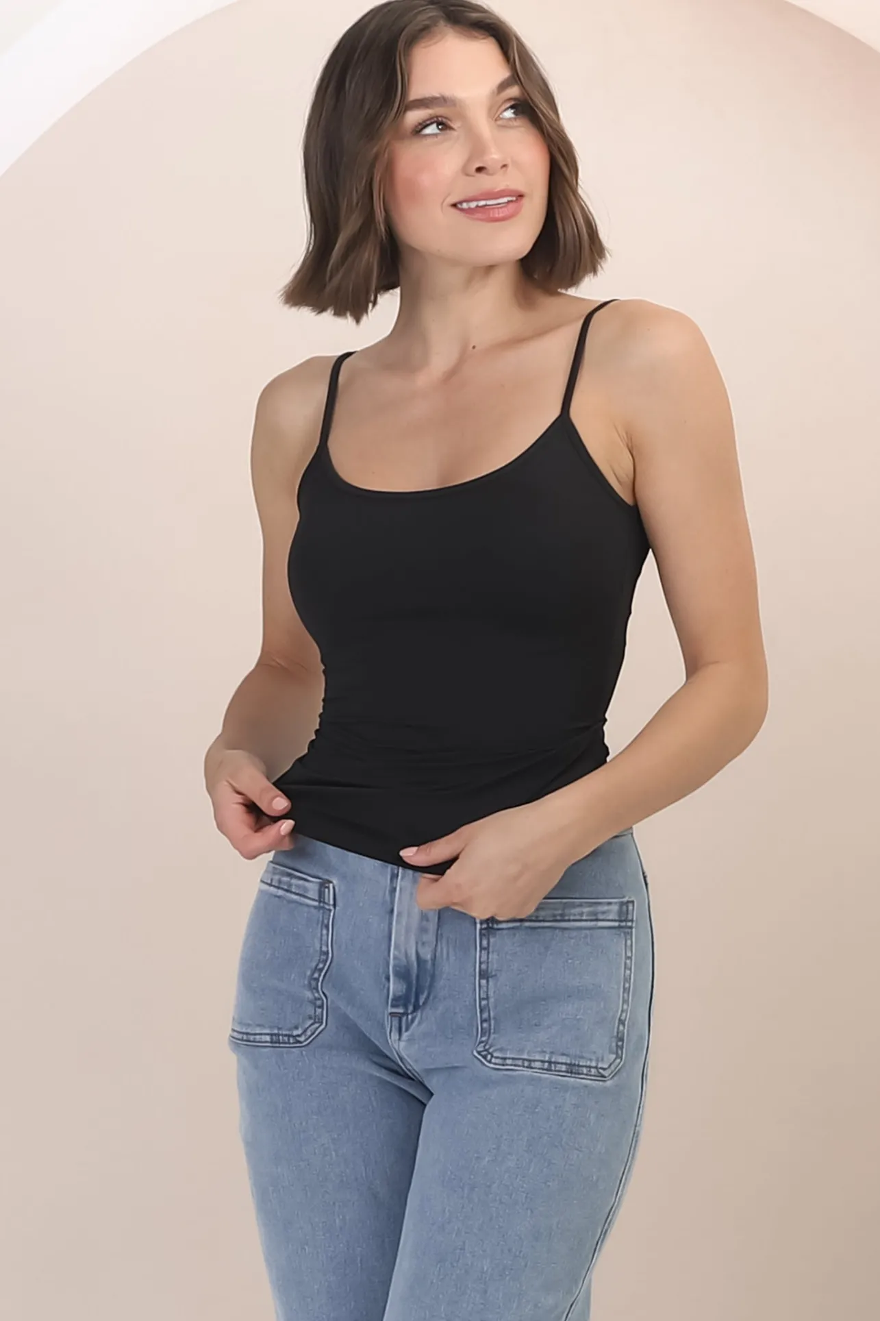 Dila Cami - Scoop Neckline Long Cami with Spaghetti Straps in Black>Salty Crush