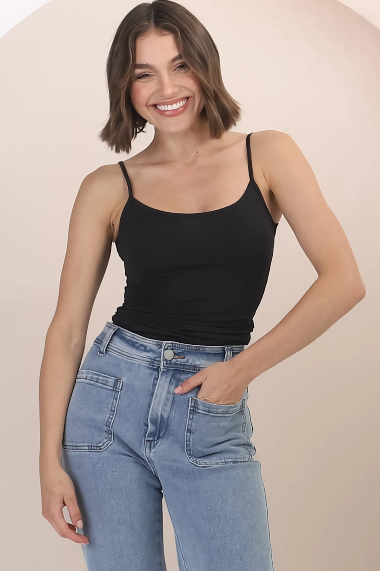 Dila Cami - Scoop Neckline Long Cami with Spaghetti Straps in Black>Salty Crush
