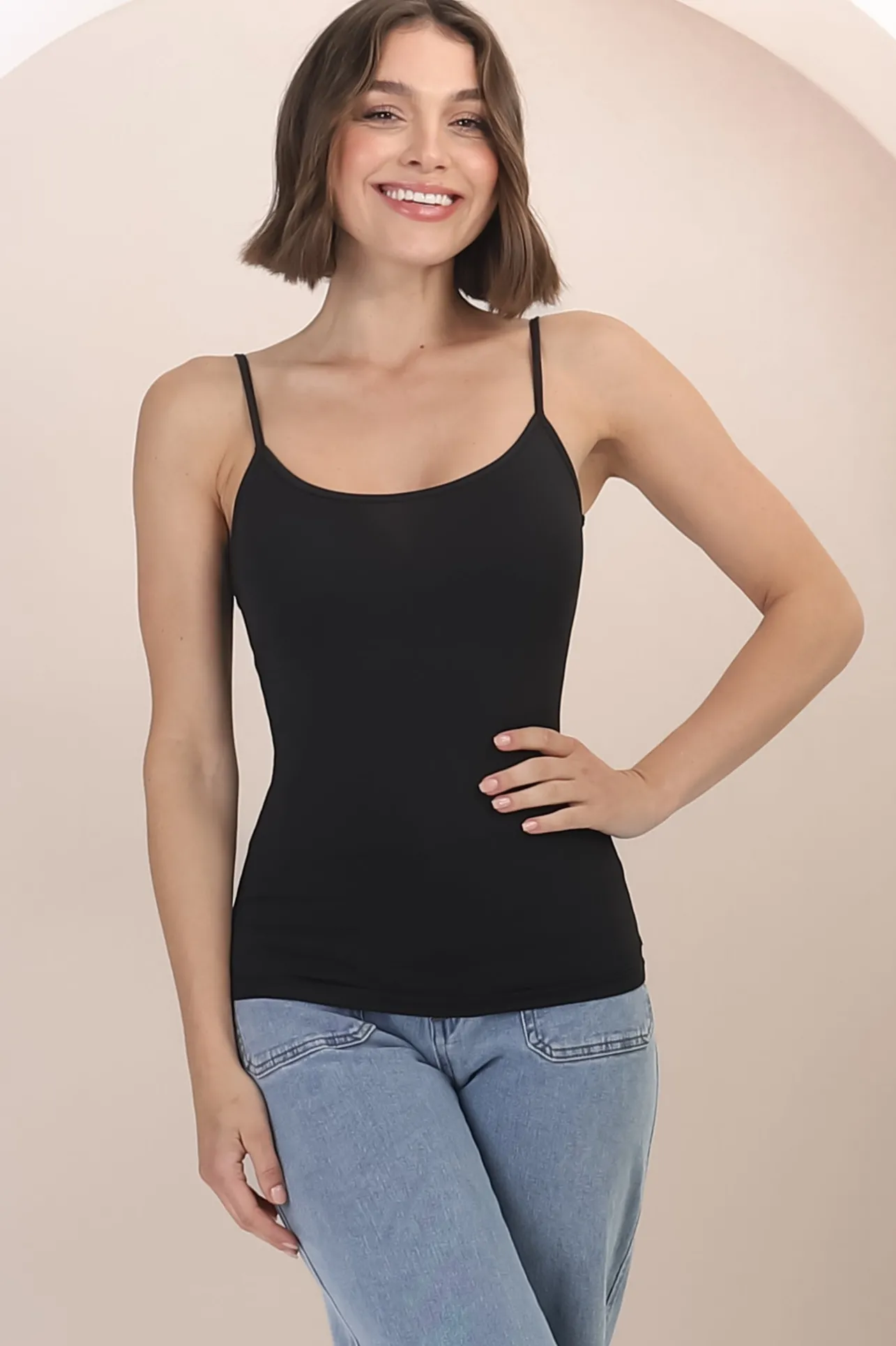 Dila Cami - Scoop Neckline Long Cami with Spaghetti Straps in Black>Salty Crush