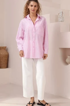 Doran Shirt - Oversized Buttoned Down Stripe Cotton Shirt in Pink>Salty Crush New