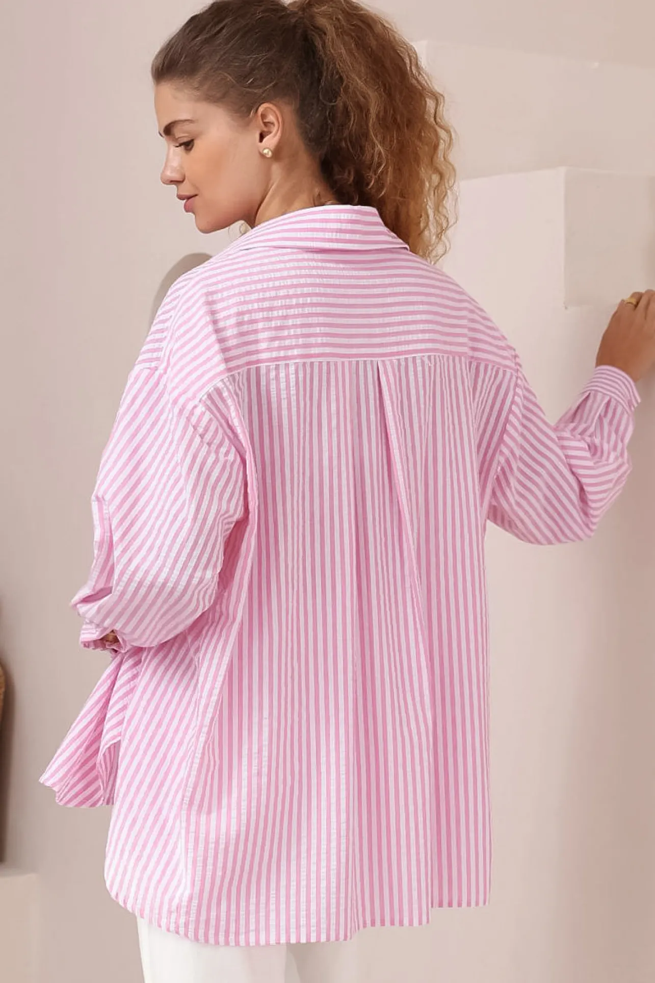 Doran Shirt - Oversized Buttoned Down Stripe Cotton Shirt in Pink>Salty Crush New