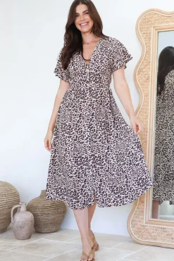 Drielly Midi Dress - Flutter Cap Sleeve Button Down Dress in Perrie Print>Salty Crush Clearance