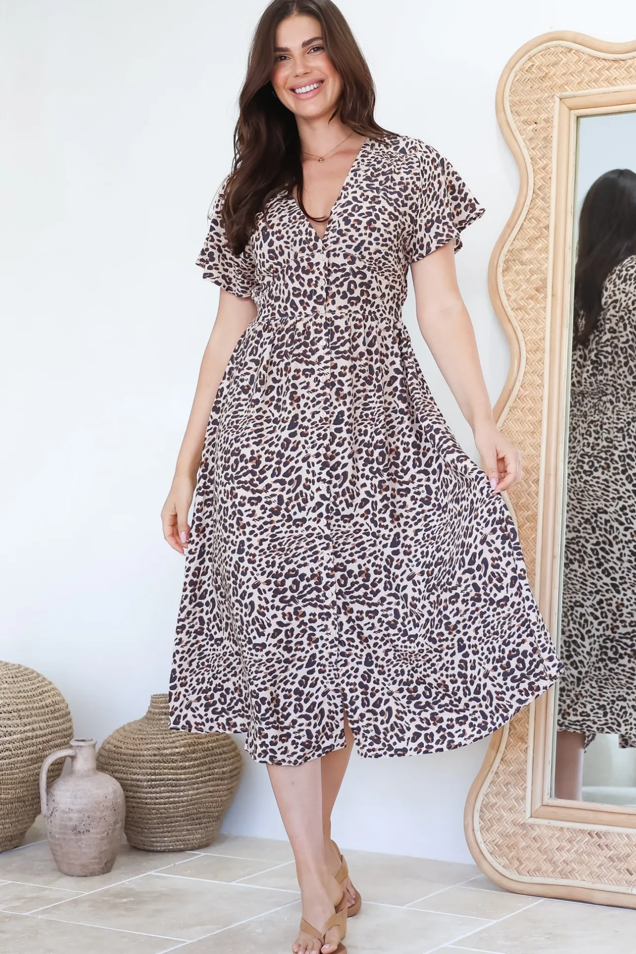 Drielly Midi Dress - Flutter Cap Sleeve Button Down Dress in Perrie Print>Salty Crush Clearance