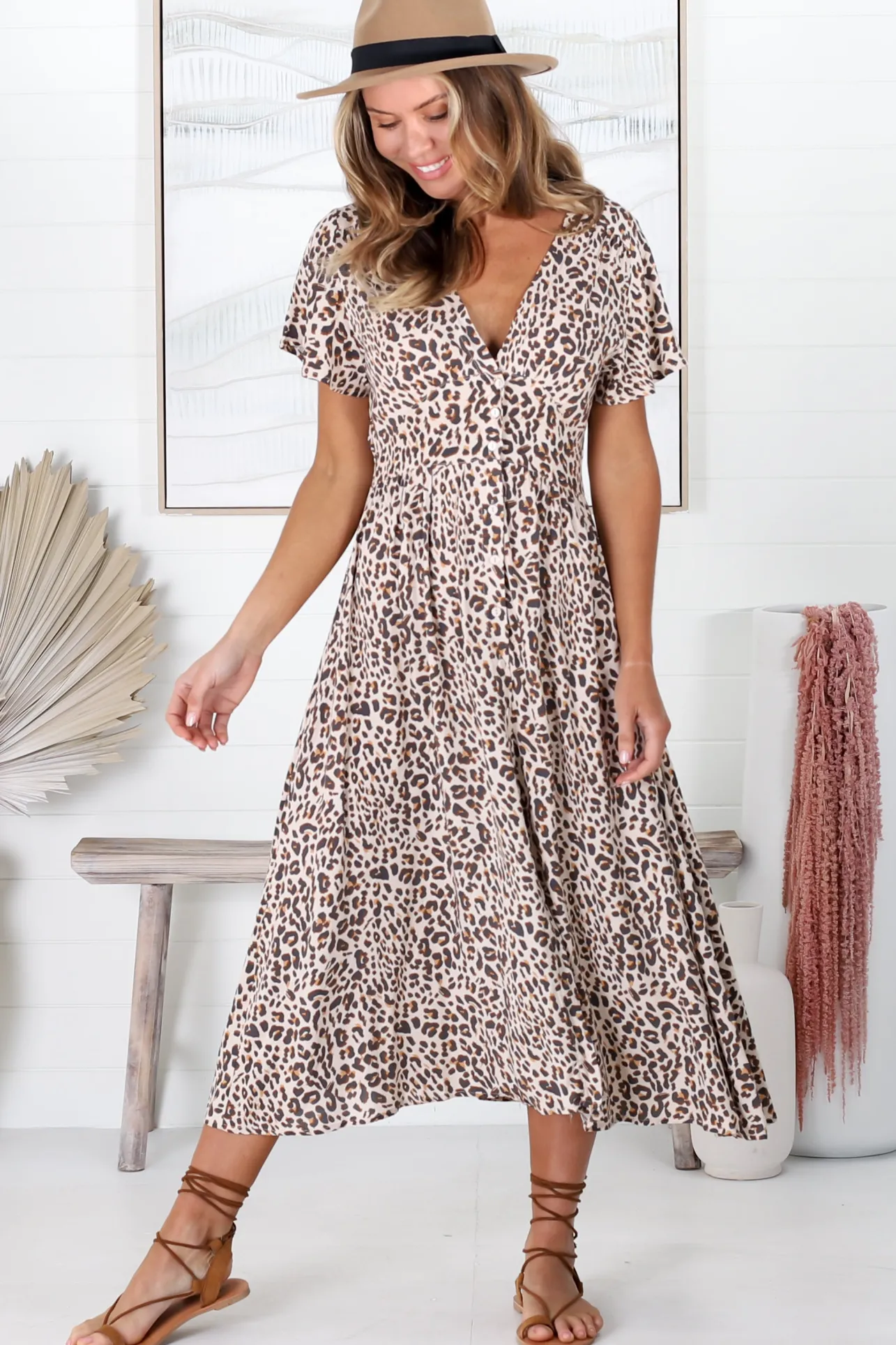 Drielly Midi Dress - Flutter Cap Sleeve Button Down Dress in Perrie Print>Salty Crush Clearance