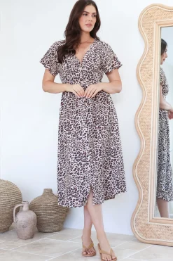 Drielly Midi Dress - Flutter Cap Sleeve Button Down Dress in Perrie Print><noscript><img width=