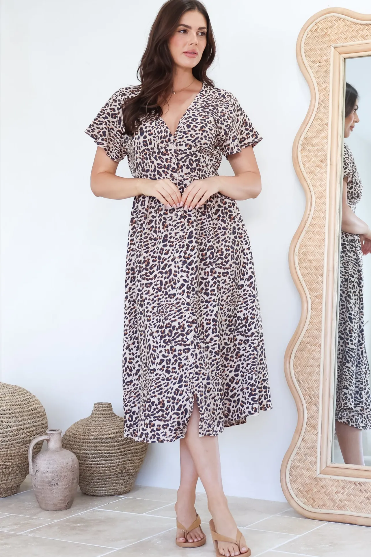 Drielly Midi Dress - Flutter Cap Sleeve Button Down Dress in Perrie Print>Salty Crush Clearance