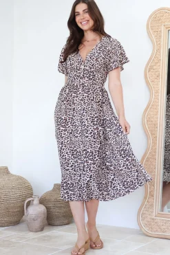 Drielly Midi Dress - Flutter Cap Sleeve Button Down Dress in Perrie Print><noscript><img width=