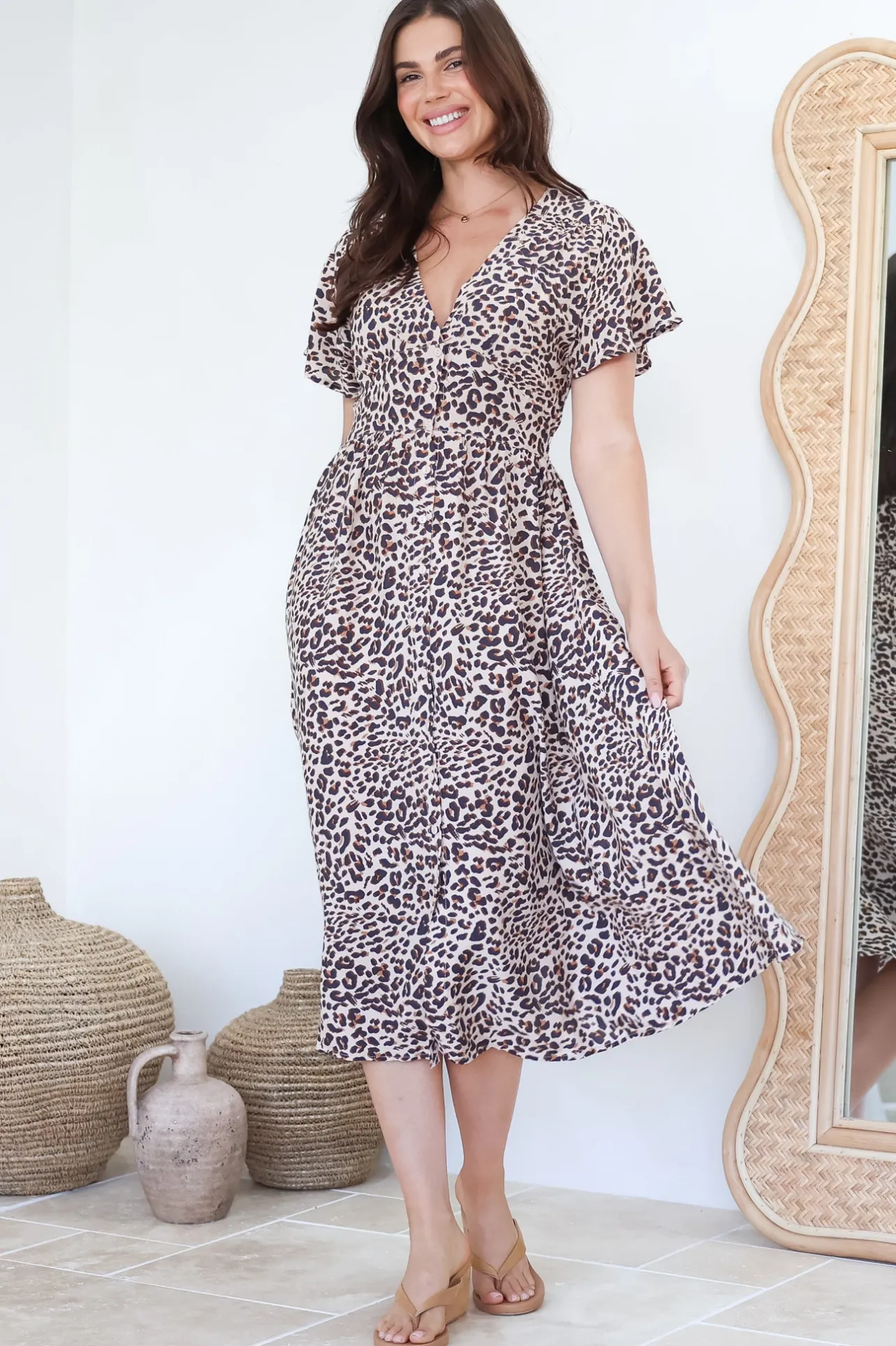 Drielly Midi Dress - Flutter Cap Sleeve Button Down Dress in Perrie Print>Salty Crush Clearance