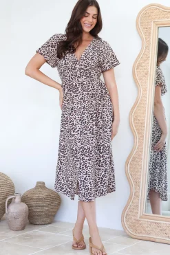 Drielly Midi Dress - Flutter Cap Sleeve Button Down Dress in Perrie Print><noscript><img width=
