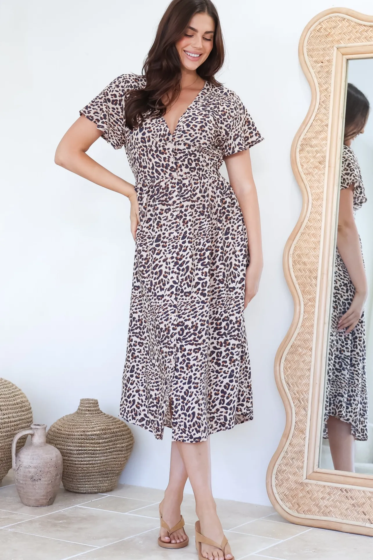 Drielly Midi Dress - Flutter Cap Sleeve Button Down Dress in Perrie Print>Salty Crush Clearance