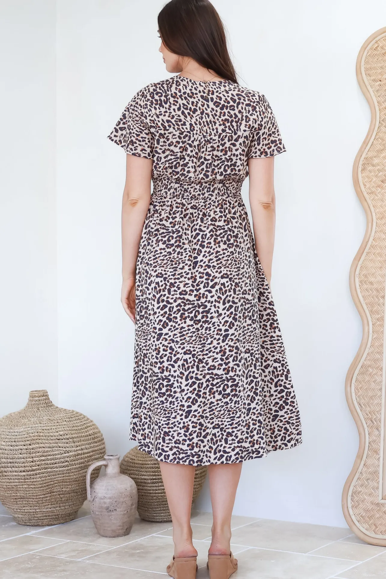 Drielly Midi Dress - Flutter Cap Sleeve Button Down Dress in Perrie Print>Salty Crush Clearance