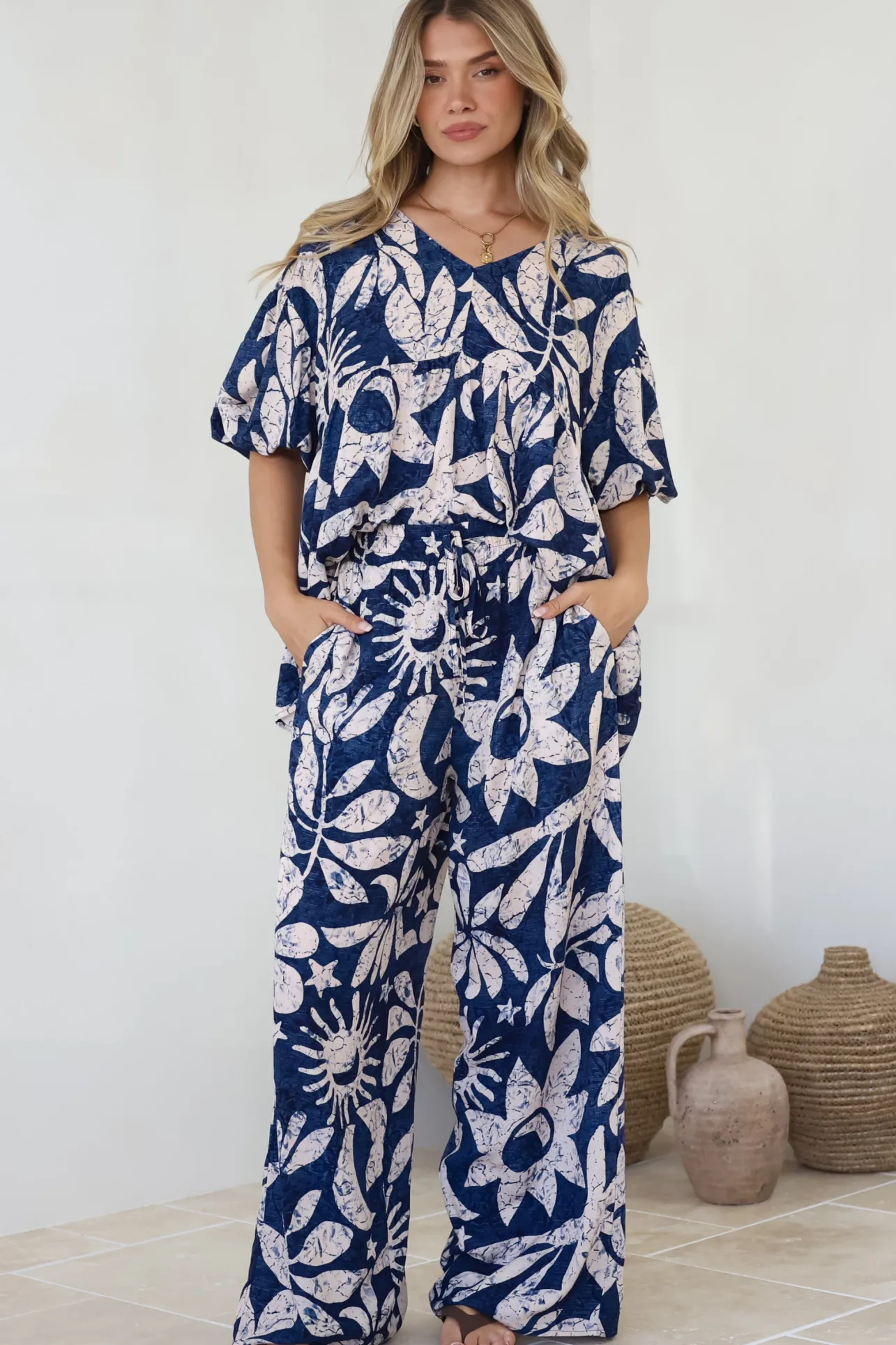 Dudah Pants - High Waisted Wide Leg Pants in Moonshadow Print>Salty Crush New