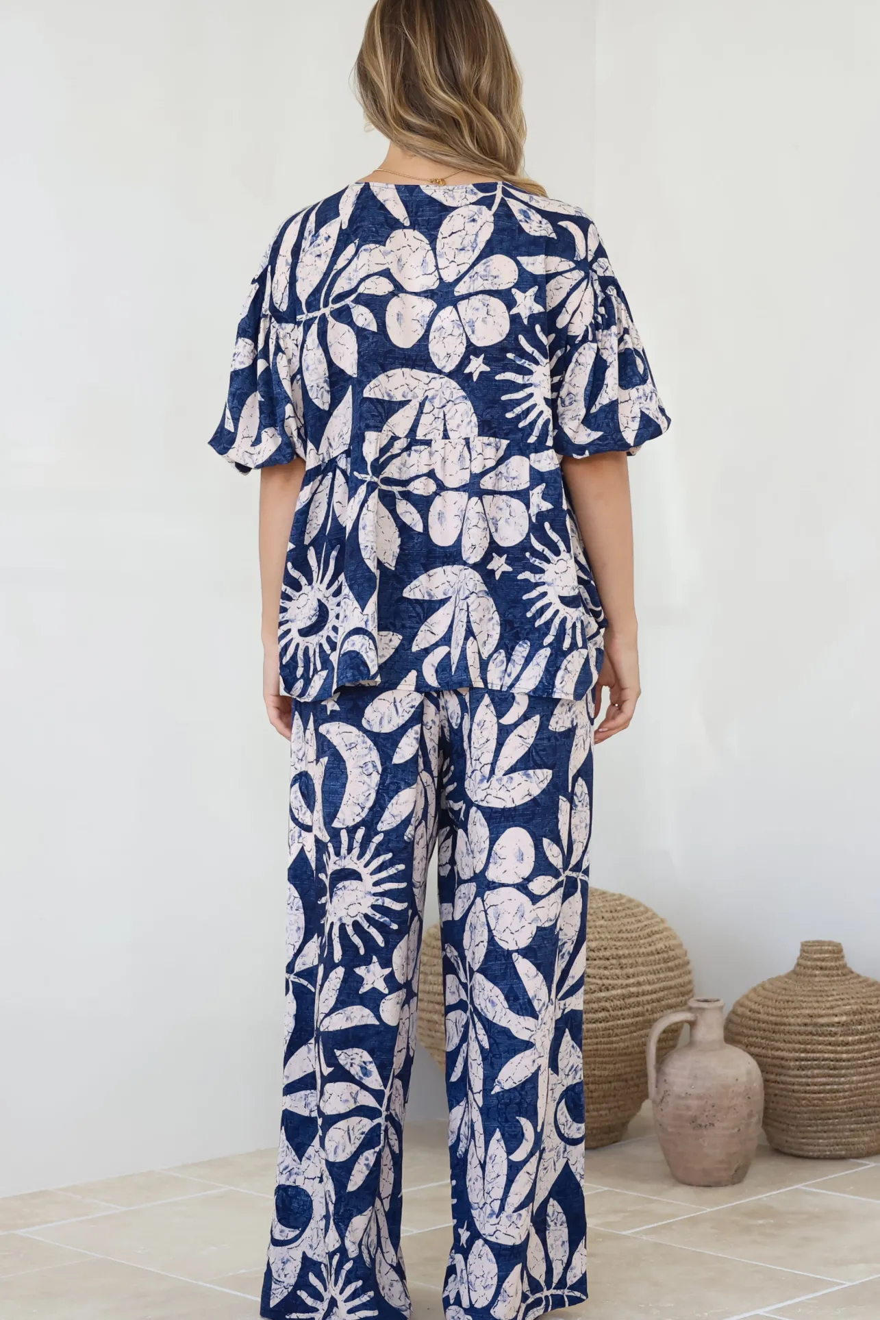 Dudah Pants - High Waisted Wide Leg Pants in Moonshadow Print>Salty Crush New
