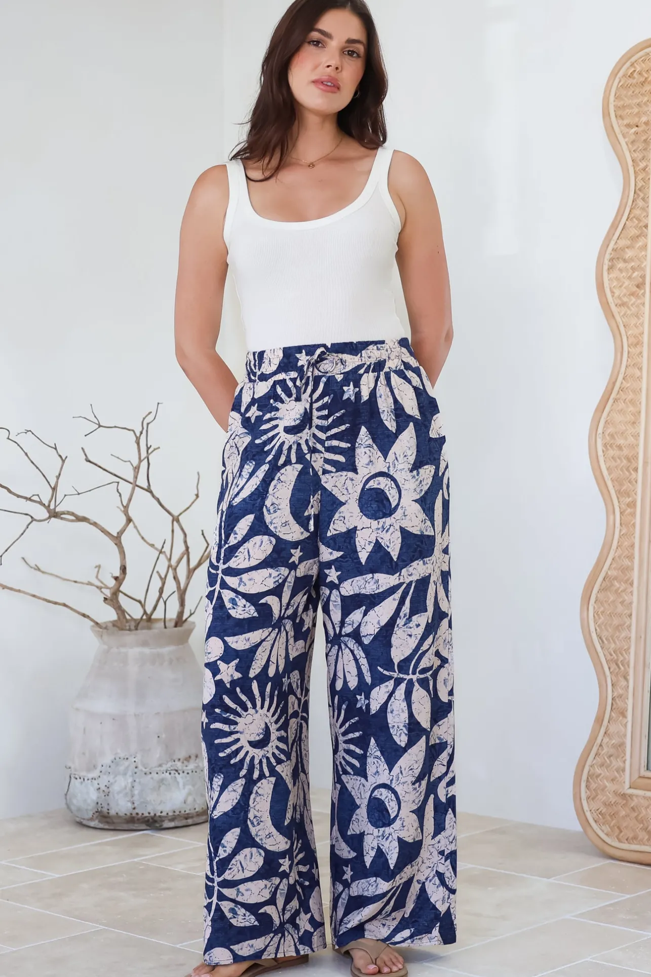 Dudah Pants - High Waisted Wide Leg Pants in Moonshadow Print>Salty Crush New