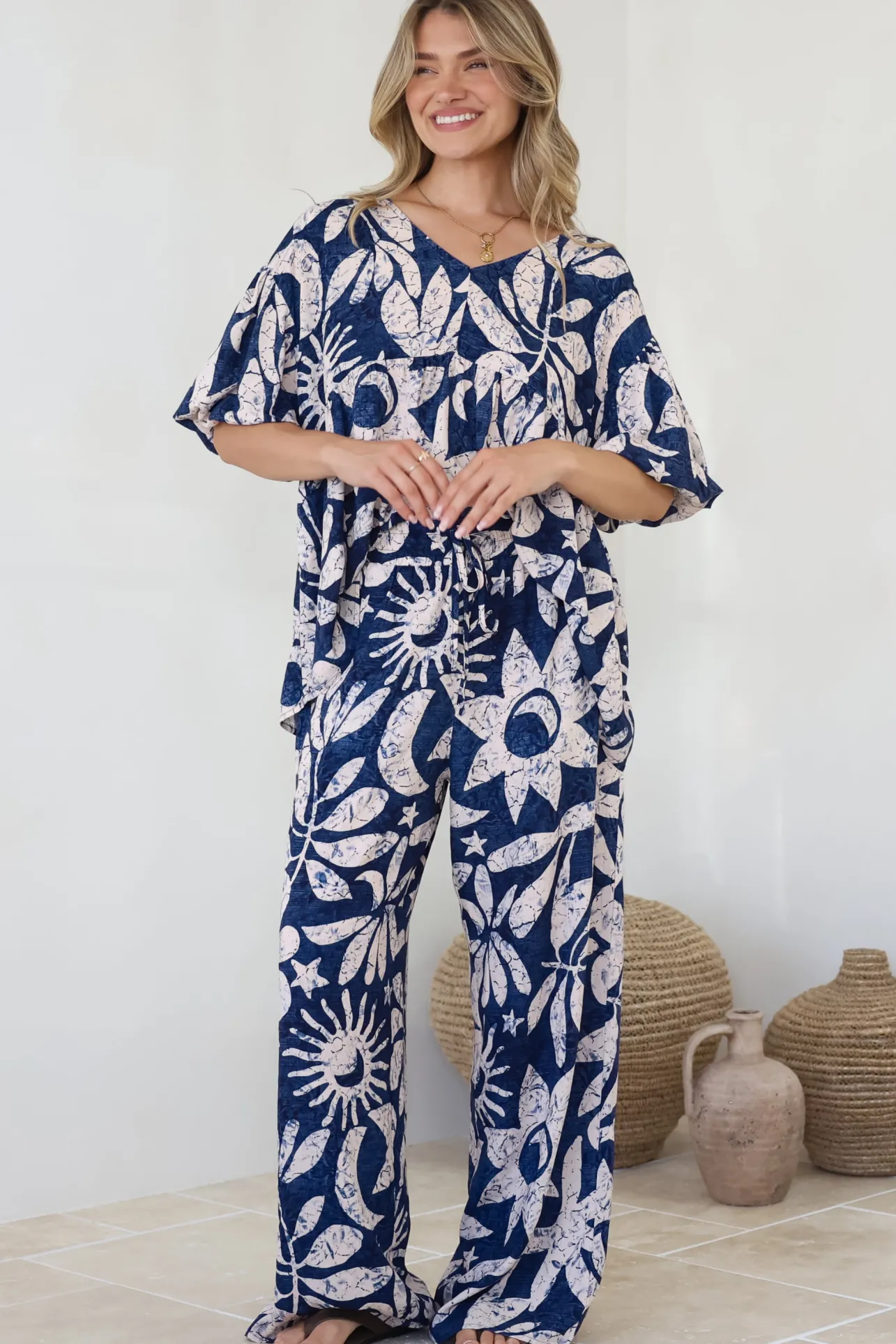 Dudah Pants - High Waisted Wide Leg Pants in Moonshadow Print>Salty Crush New