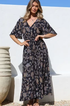 Dulcie Maxi Dress - Cape Sleeve Button-Down Maxi with Pockets in Enchanted Ink Print>Salty Crush Sale
