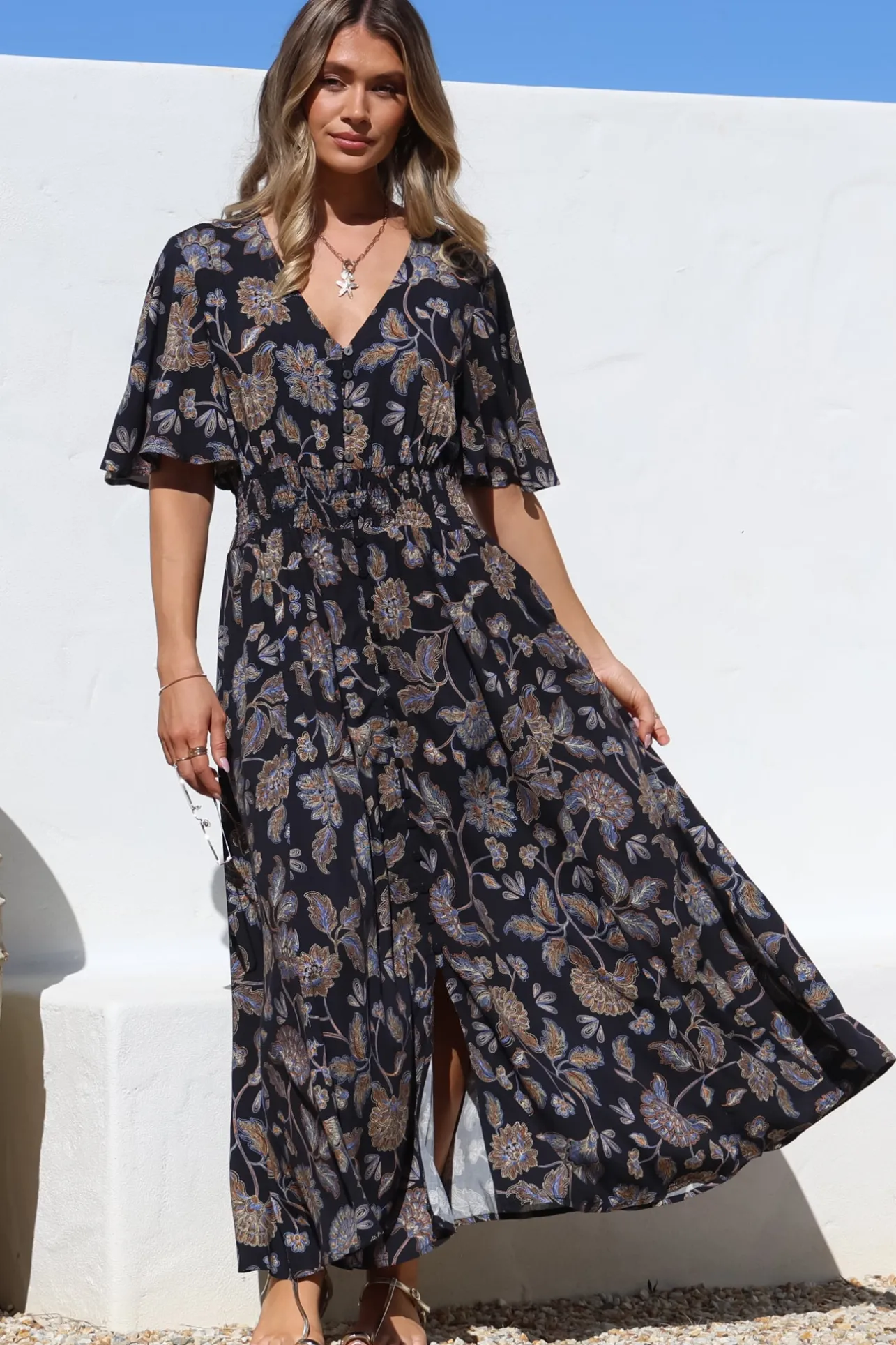 Dulcie Maxi Dress - Cape Sleeve Button-Down Maxi with Pockets in Enchanted Ink Print>Salty Crush Sale