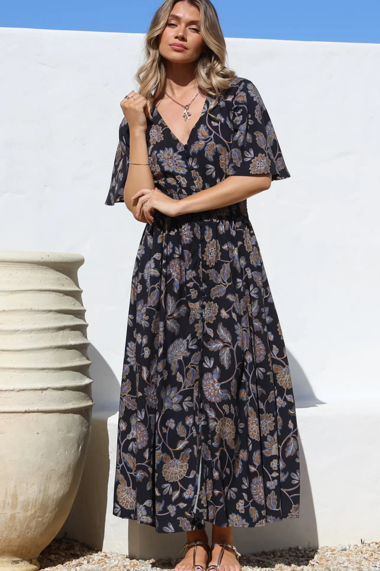 Dulcie Maxi Dress - Cape Sleeve Button-Down Maxi with Pockets in Enchanted Ink Print>Salty Crush Sale