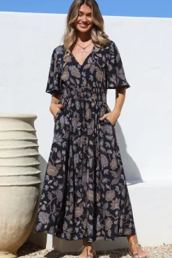 Dulcie Maxi Dress - Cape Sleeve Button-Down Maxi with Pockets in Enchanted Ink Print><noscript><img width=