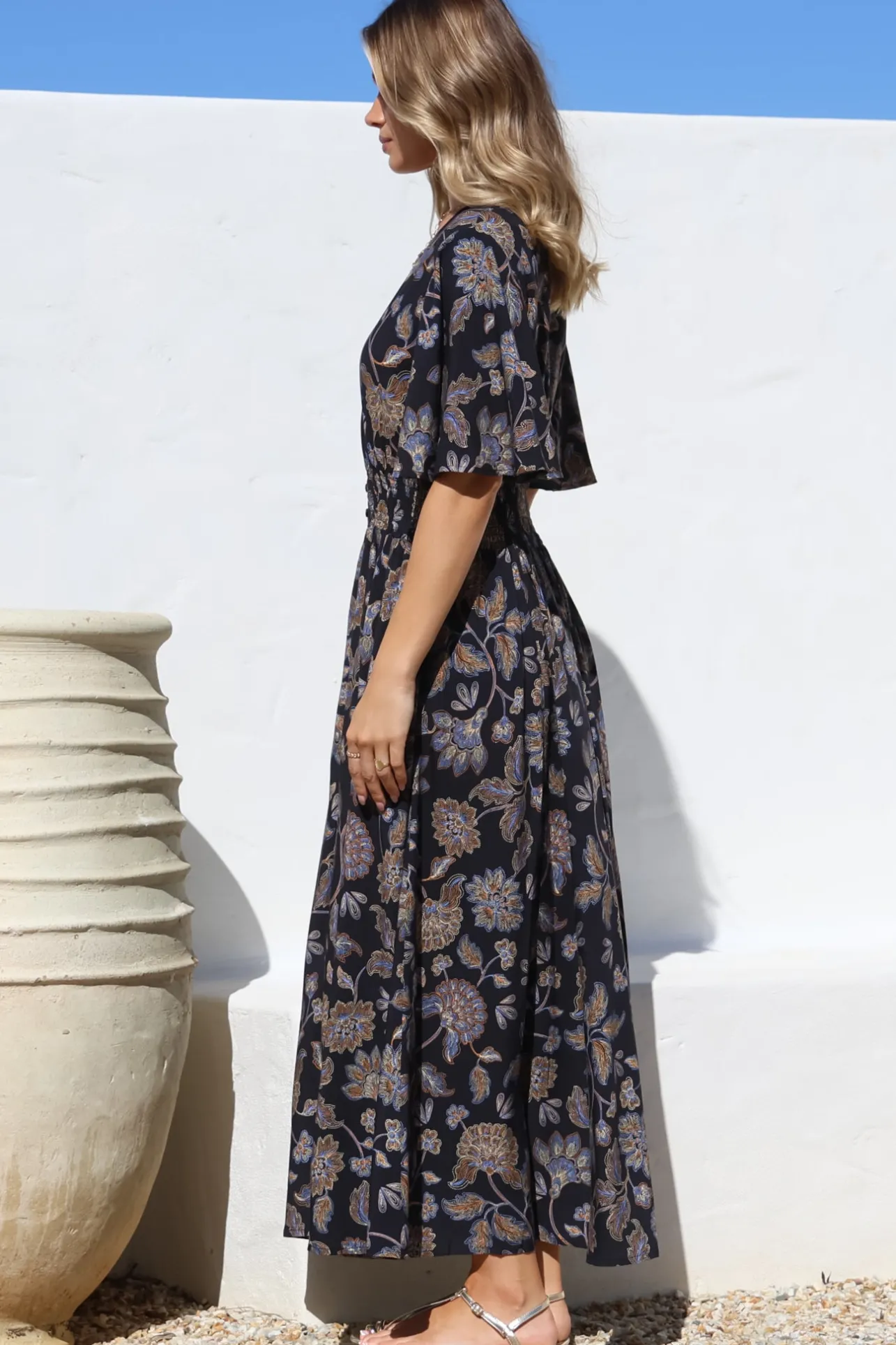 Dulcie Maxi Dress - Cape Sleeve Button-Down Maxi with Pockets in Enchanted Ink Print>Salty Crush Sale