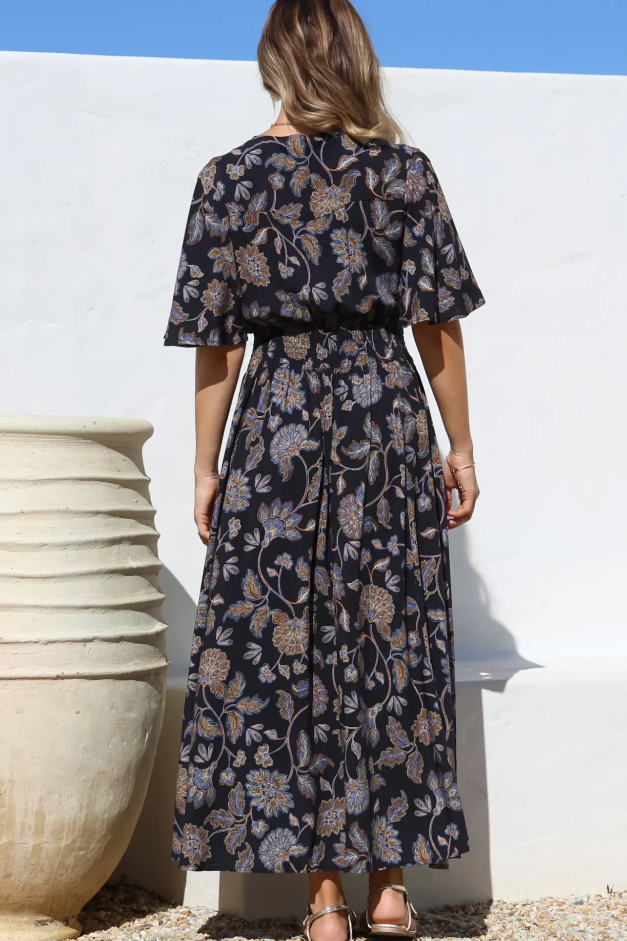 Dulcie Maxi Dress - Cape Sleeve Button-Down Maxi with Pockets in Enchanted Ink Print>Salty Crush Sale