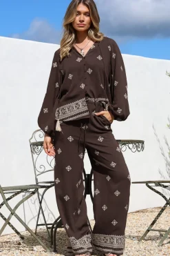 Dune Pants - Elasticated Drawstring High Waisted Pants with Embroidery in Vesper Print Brown><noscript><img width=