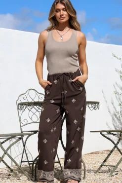 Dune Pants - Elasticated Drawstring High Waisted Pants with Embroidery in Vesper Print Brown><noscript><img width=
