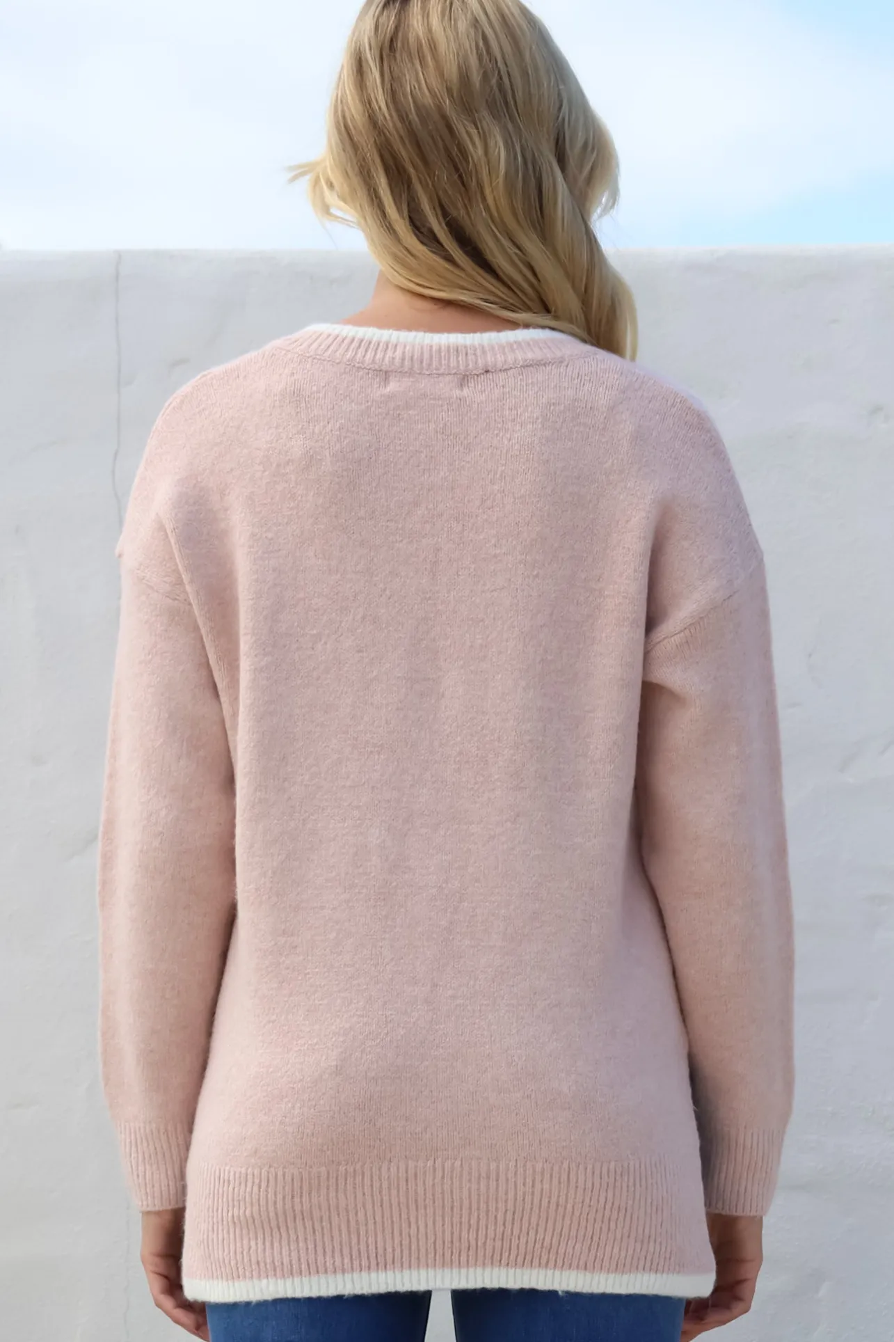 Edan Jumper - V-Neck Contrast Trim Step Hem Jumper in Blush>Salty Crush Best