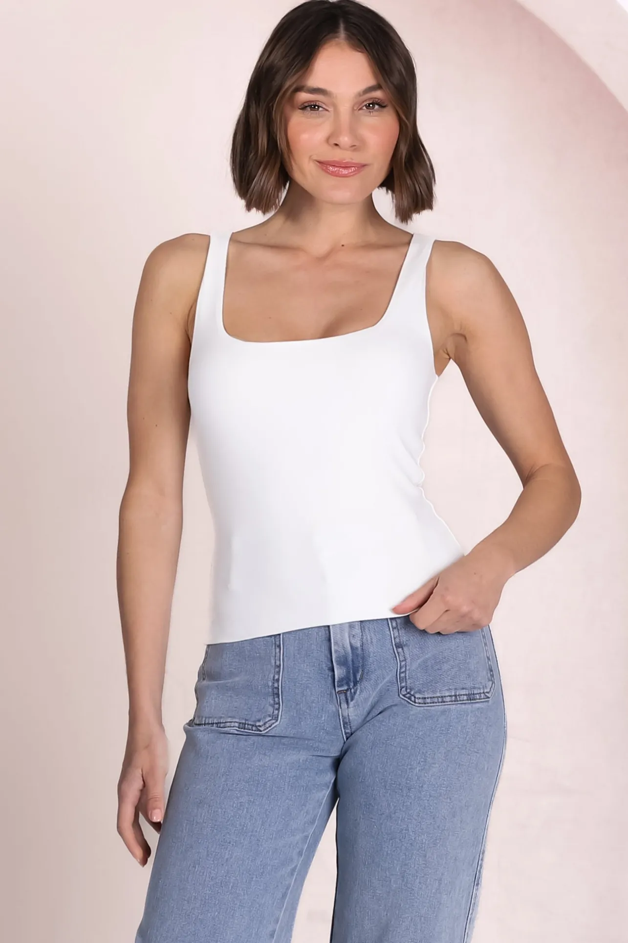 Edie Singlet - Square Neckline Double Layered Singlet in White>Salty Crush Best