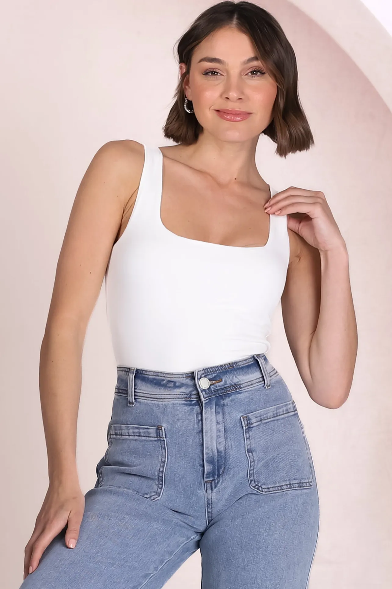 Edie Singlet - Square Neckline Double Layered Singlet in White>Salty Crush Best