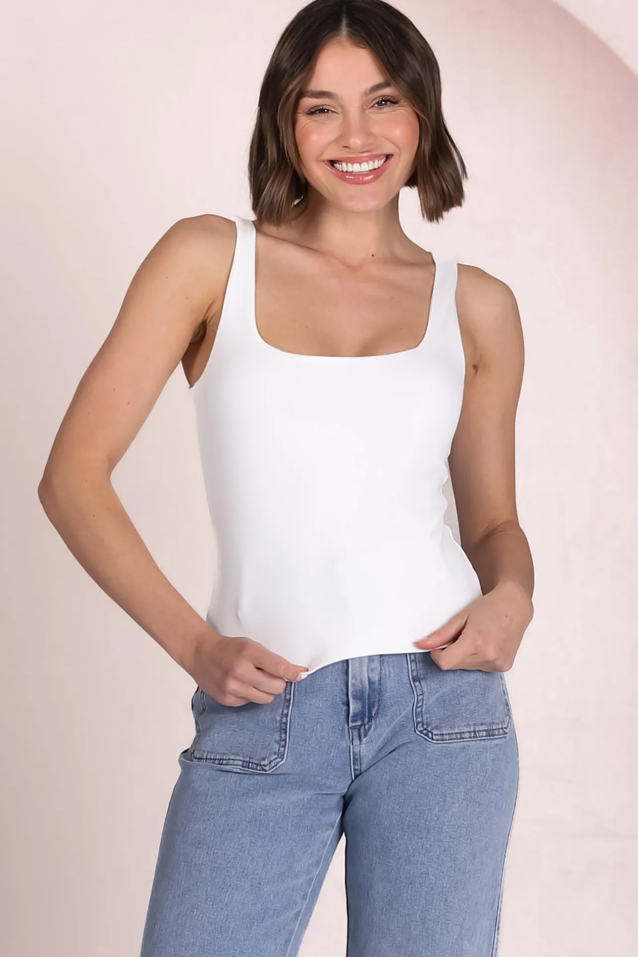 Edie Singlet - Square Neckline Double Layered Singlet in White>Salty Crush Best