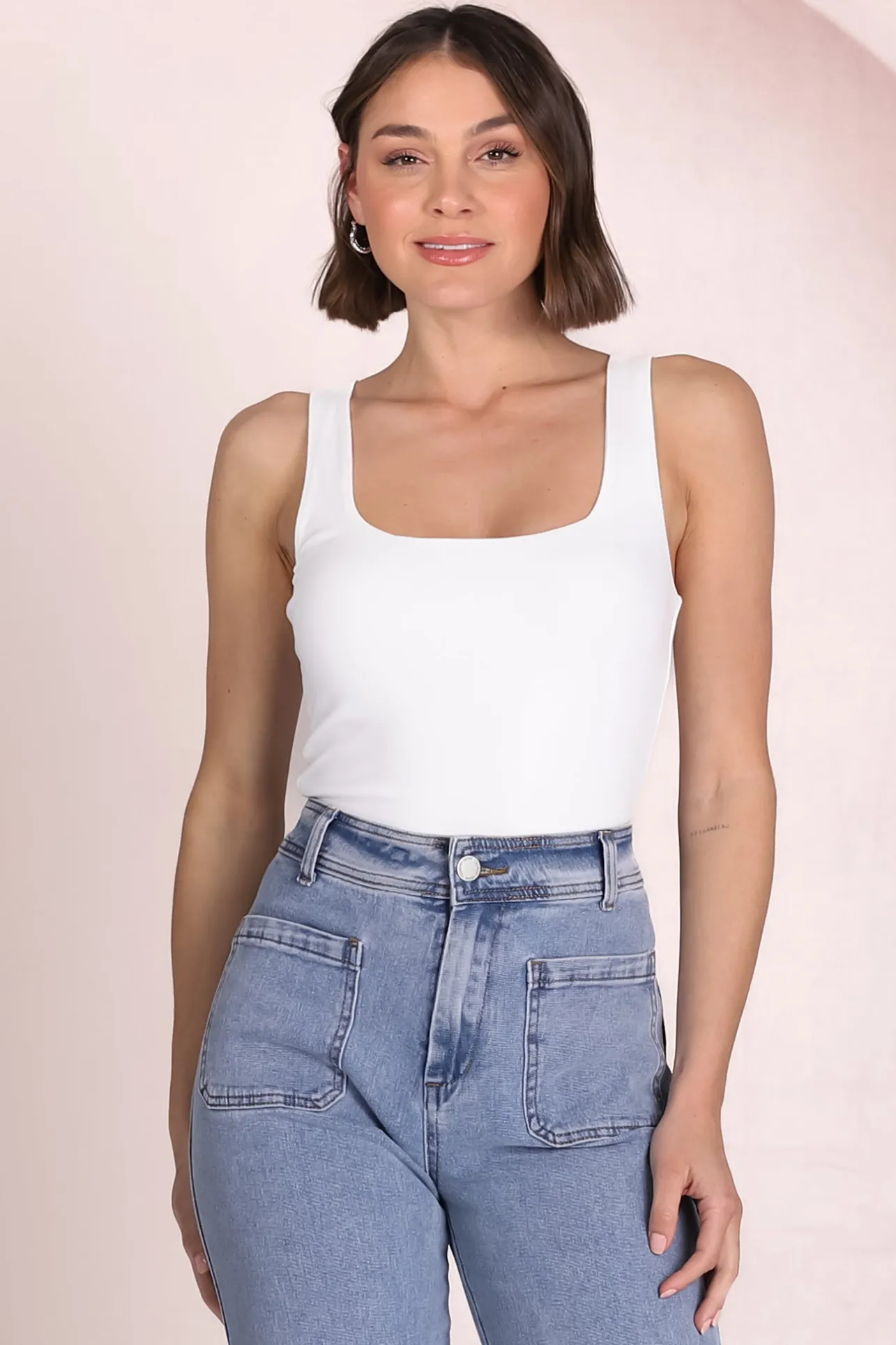 Edie Singlet - Square Neckline Double Layered Singlet in White>Salty Crush Best