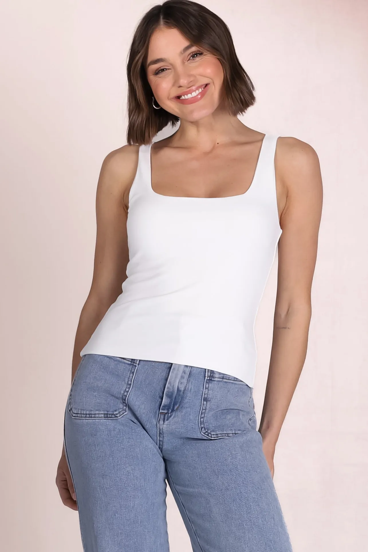 Edie Singlet - Square Neckline Double Layered Singlet in White>Salty Crush Best