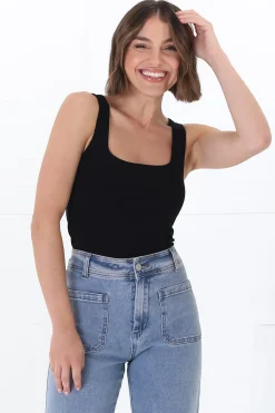 Edie Singlet - Square Neckline Double Layered Singlet in Black>Salty Crush