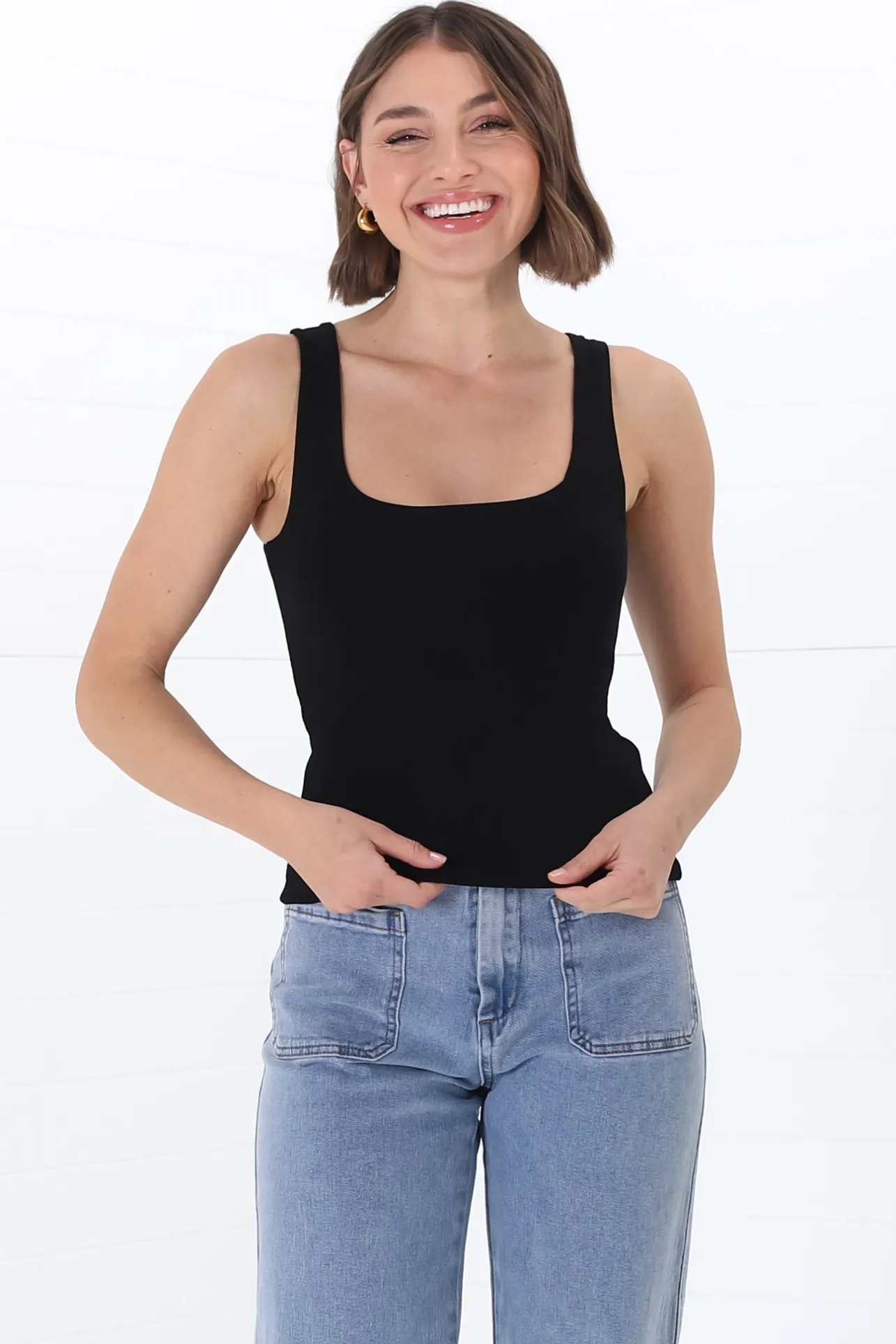 Edie Singlet - Square Neckline Double Layered Singlet in Black>Salty Crush