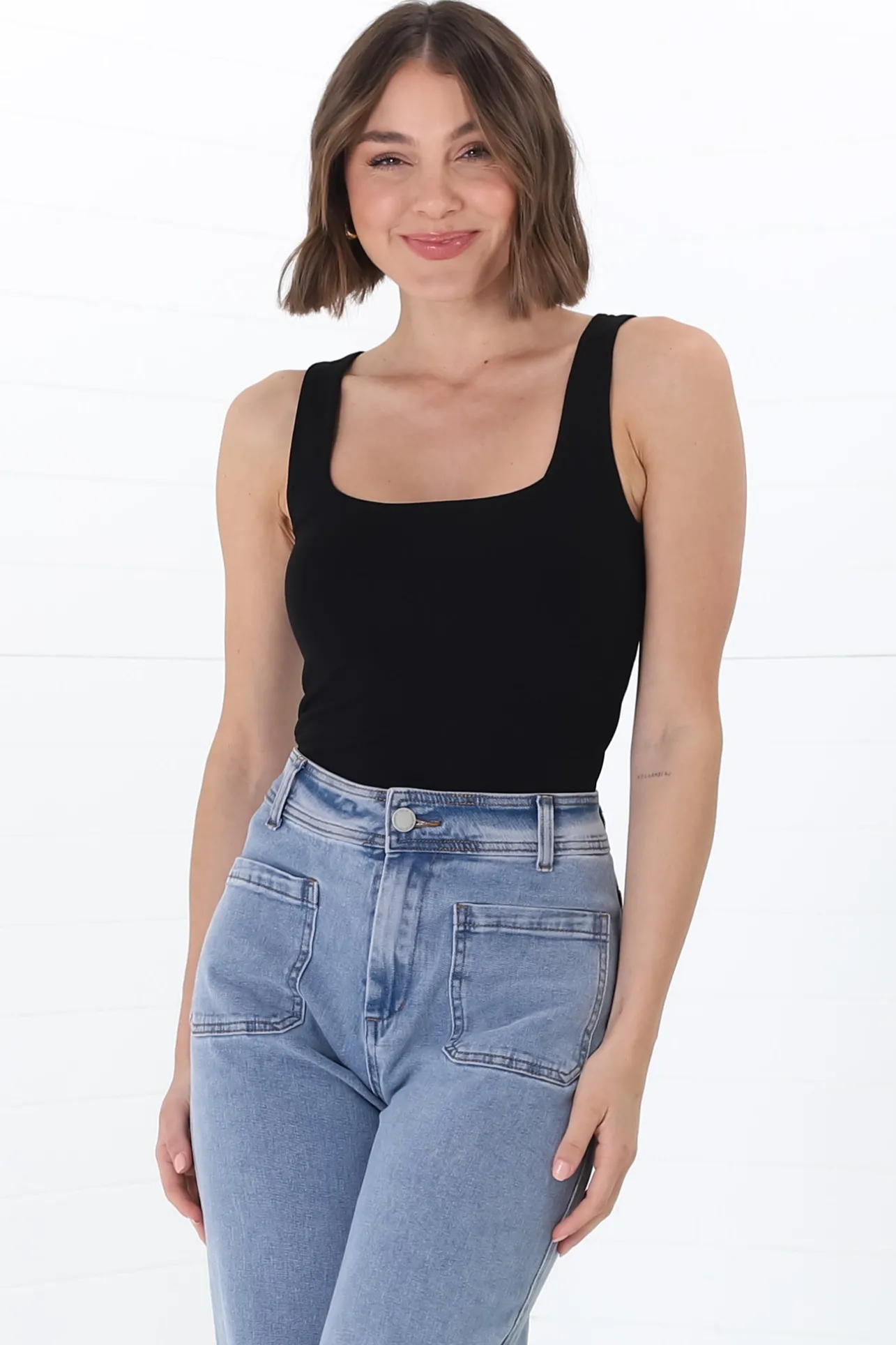 Edie Singlet - Square Neckline Double Layered Singlet in Black>Salty Crush